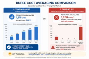 Comparison of unit accumulation between continuing SIP during market fall (1,030 units at ₹48.54 average cost) versus pausing SIP (969 units at higher average cost), showing the benefit of rupee cost averaging with continuing investments.