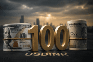 USD/INR exchange rate at 100 with US dollar and Indian rupee currency rolls beside large golden 100 numerals.